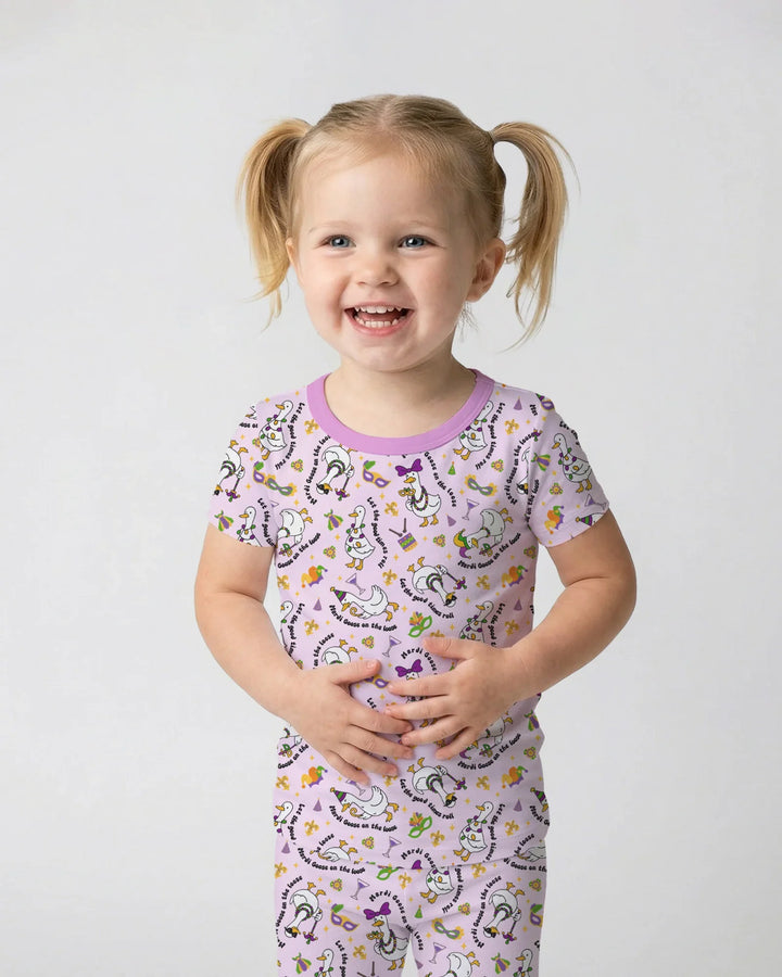 Mardi Gras Silly Goose Bamboo Two Piece Short Sleeve Pajama Set