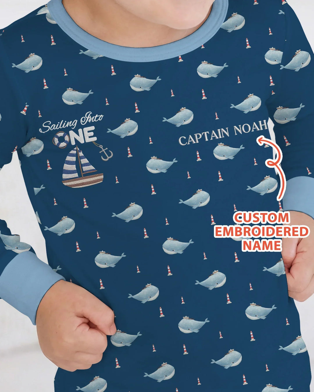 Custom Embroidered Name 1st Birthday Boy Bamboo Two Piece Long Sleeve Pajama Set