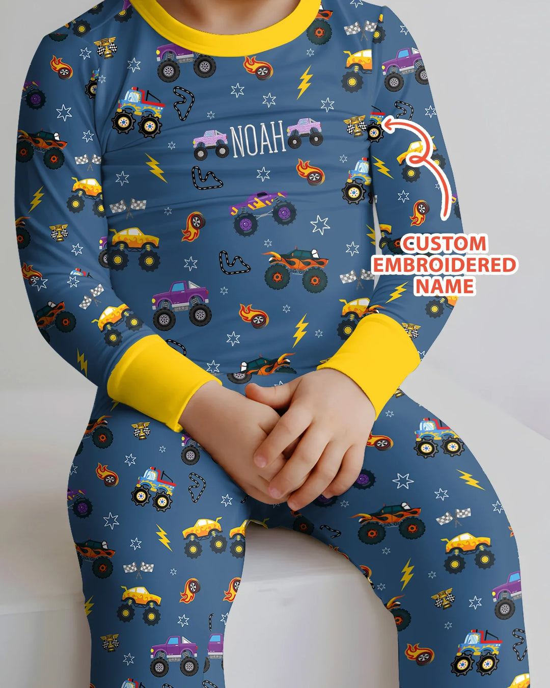 Custom Name Embroidered Crazy Truck Bamboo Two Piece Long Sleeve Pajama Set