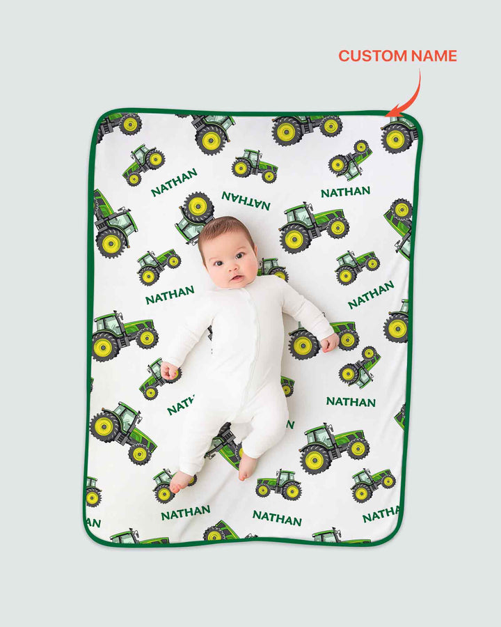 Custom Name Green Tractors Matching Daddy & Me Bamboo Blanket