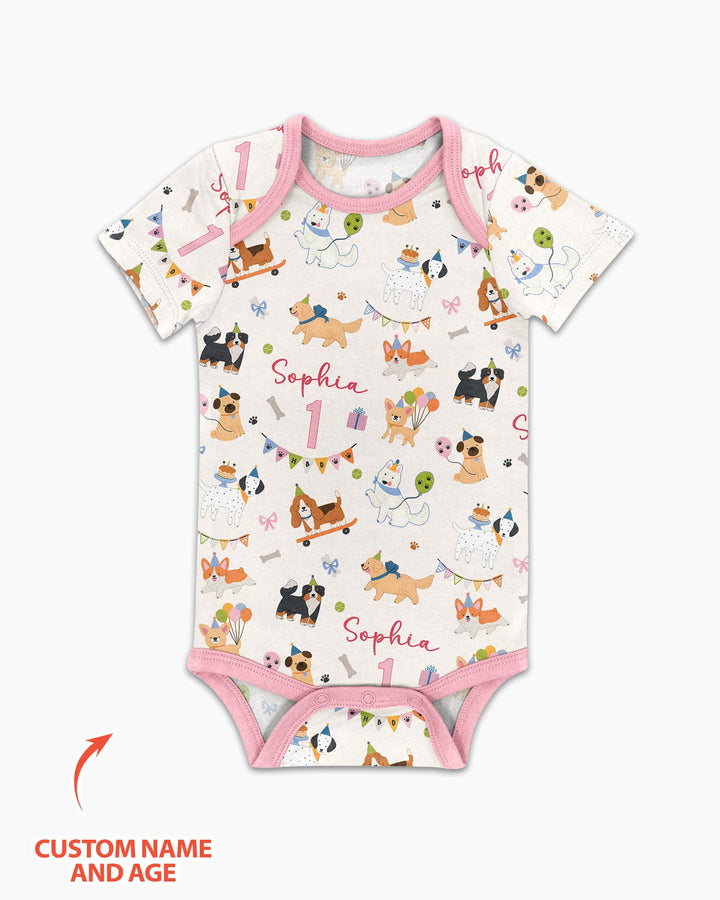 Custom Name Birthday Dogs Party Bamboo Bodysuit