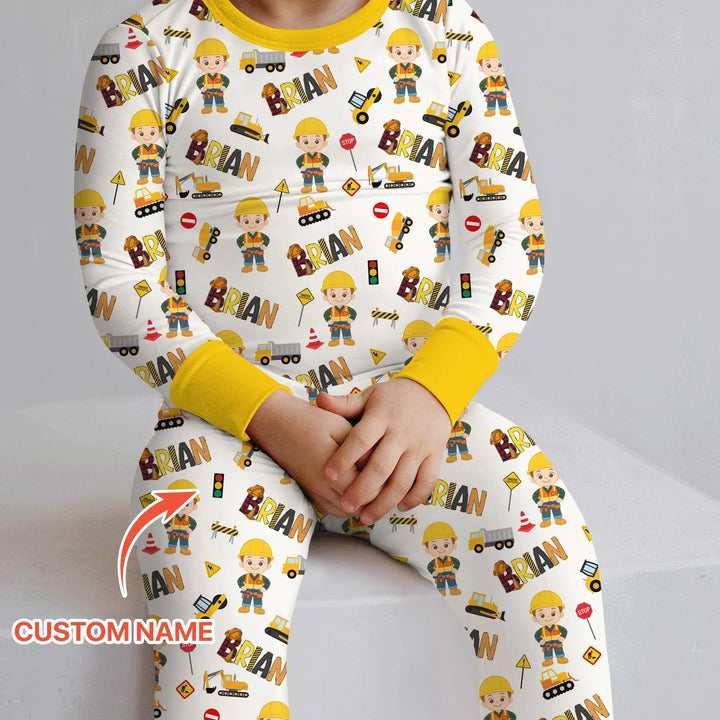 Custom Name Doodle Little Builder Bamboo Two Piece Long Sleeve Pajama Set