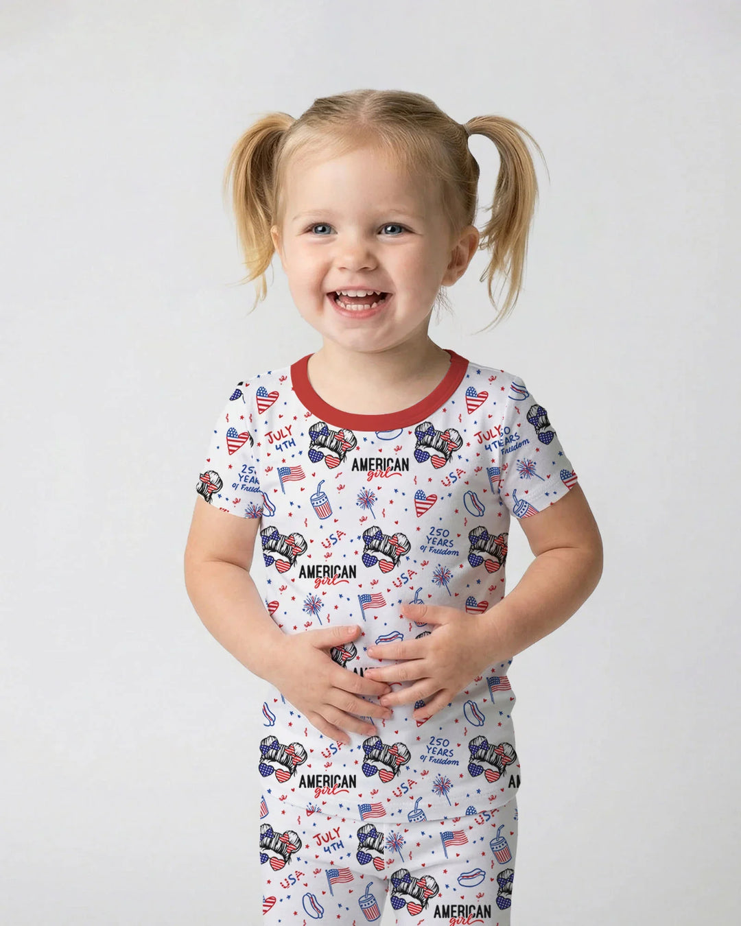 Doodle American Flag Glasses Family Matching Bamboo Two Piece Short Sleeve Pajama Set