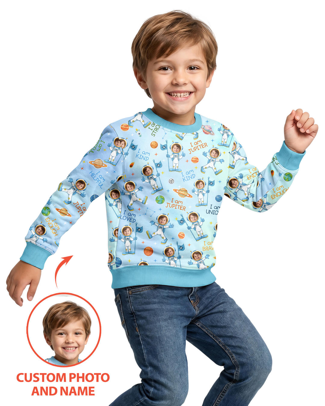 Custom Photo Kid Affirmations I Am Kind Astronaut Bamboo Crewneck Sweatshirt