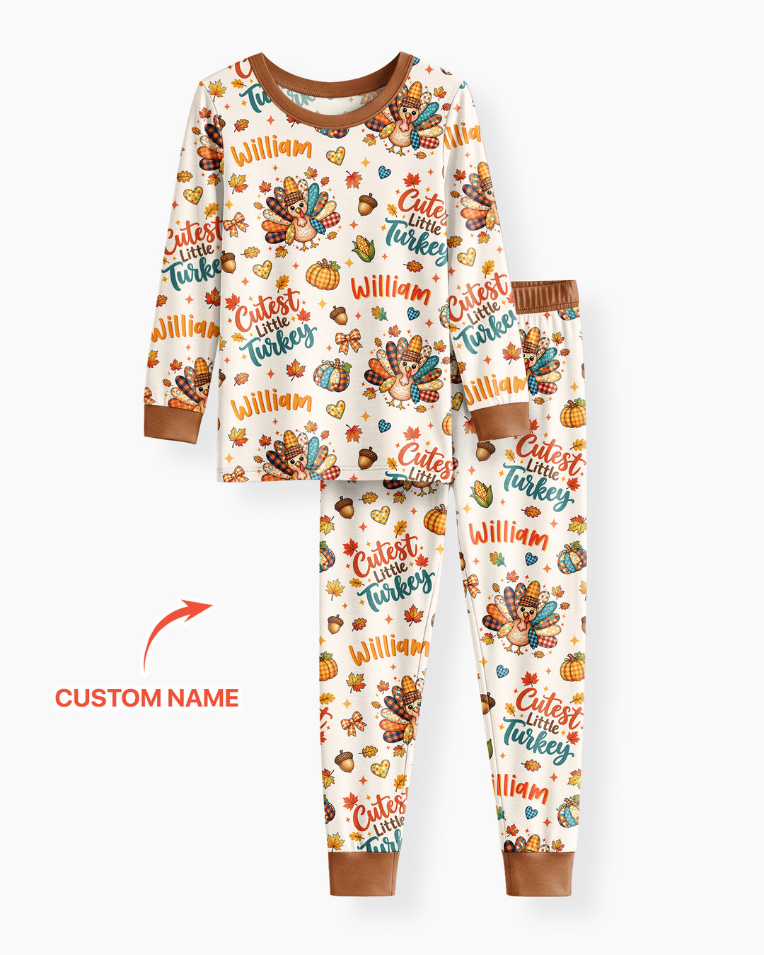 Custom Name Cutest Little Turkey Bamboo Two Piece Long Sleeve Pajama Set