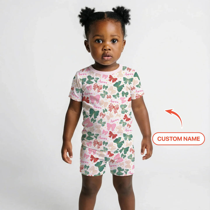 Custom Name Preppy Coquette Bows Bamboo Two Piece Short Sleeve Shorts Pajama Set