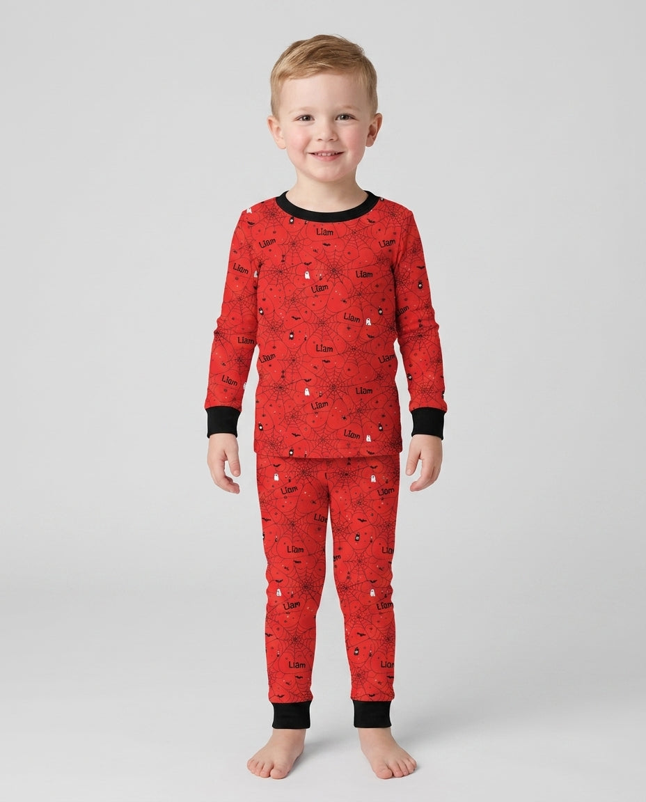Spooky Spider Web Halloween Custom Name Bamboo Two Piece Long Sleeve Pajama Set