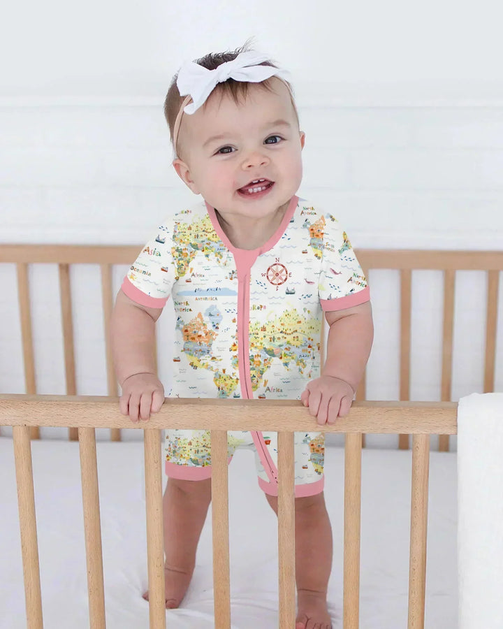 Whimsical World Map Family Matching Bamboo Shorty Zippy