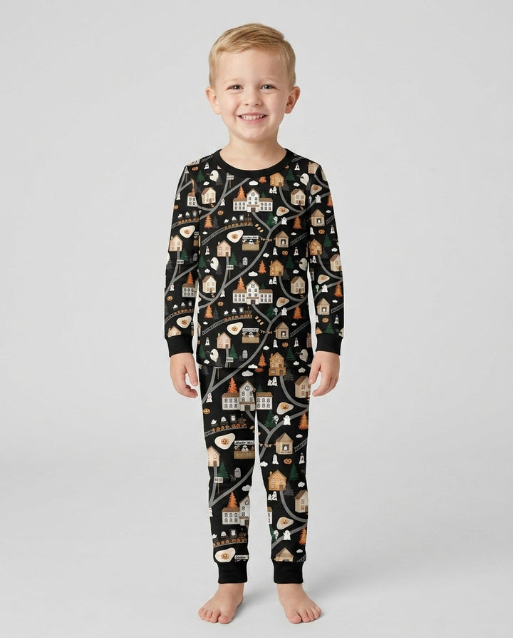 Haunted Halloween Town Map Bamboo Two Piece Long Sleeve Pajama Set