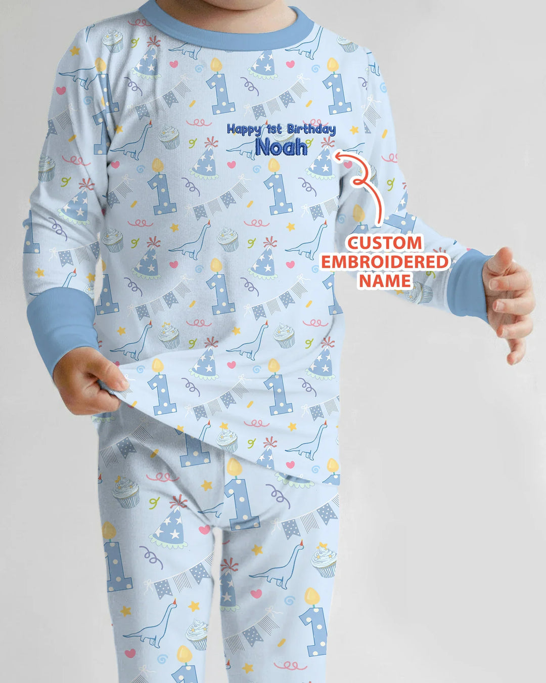 Personalized 1st Birthday Boy Embroidered Baby Bamboo Two Piece Long Sleeve Pajama Set
