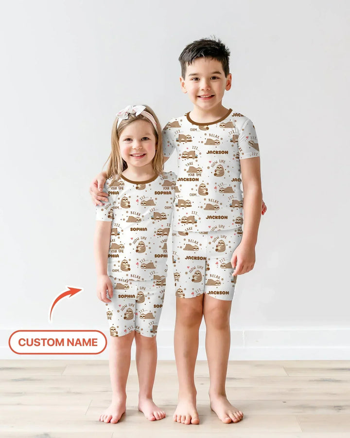 Custom Name Cute Sloth Bamboo Two Piece Short Sleeve Shorts Pajama Set