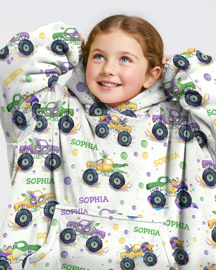 Custom Name Mardi Gras Monster Trucks Bamboo Blanket Hoodie