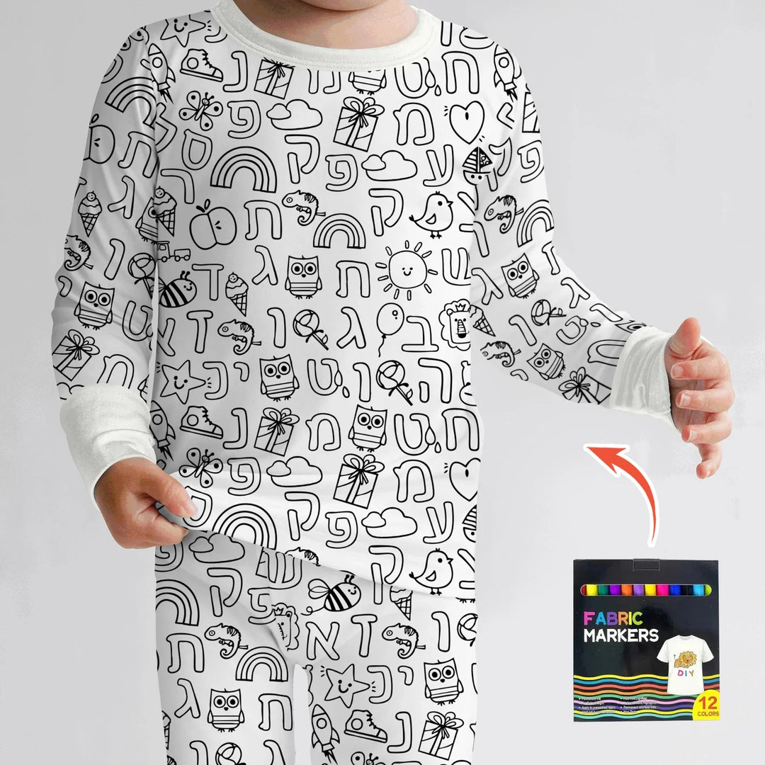 Hebrew Alphabet Colorable Bamboo Two Piece Long Sleeve Pajama Set