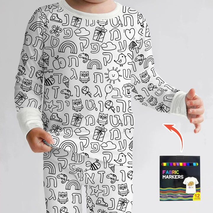 Hebrew Alphabet Colorable Bamboo Two Piece Long Sleeve Pajama Set