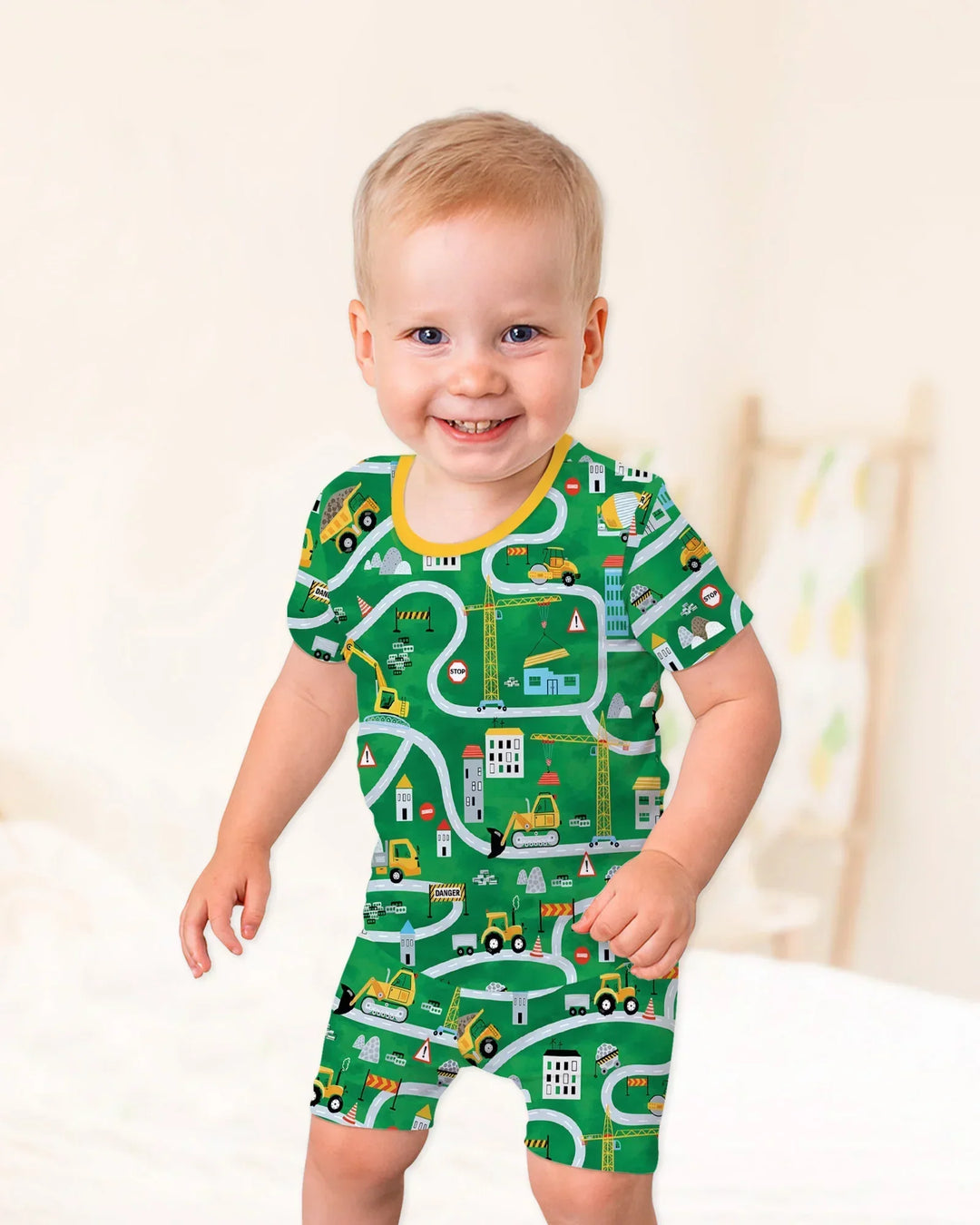 Little Builder Construction Zone Bamboo Two Piece Short Sleeve Shorts Pajama Set