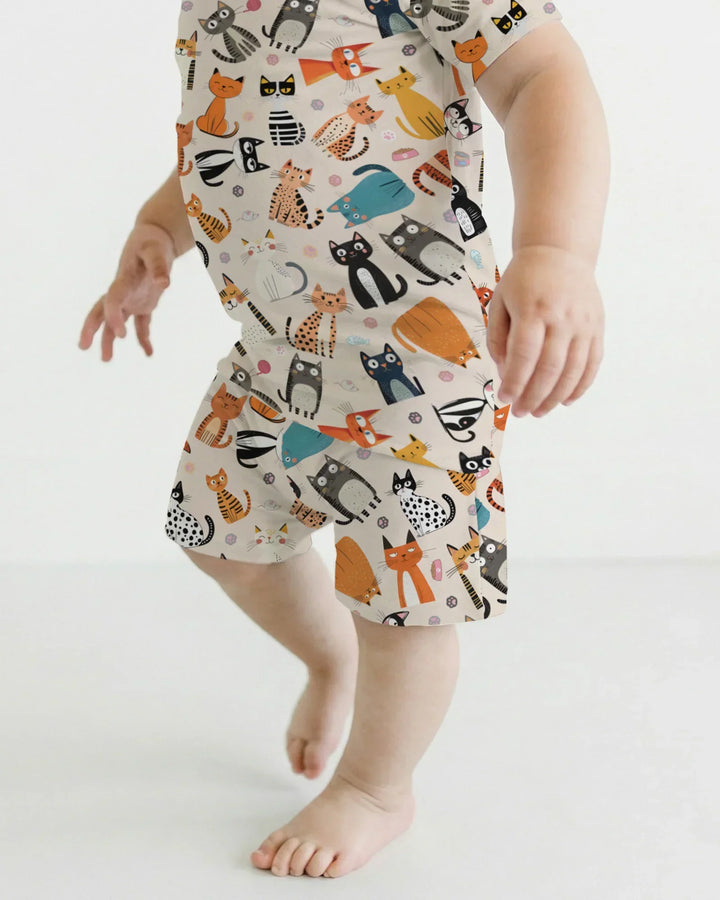 Goofy Mischief Cat Family Matching Bamboo Two Piece Short Sleeve Shorts Pajama Set