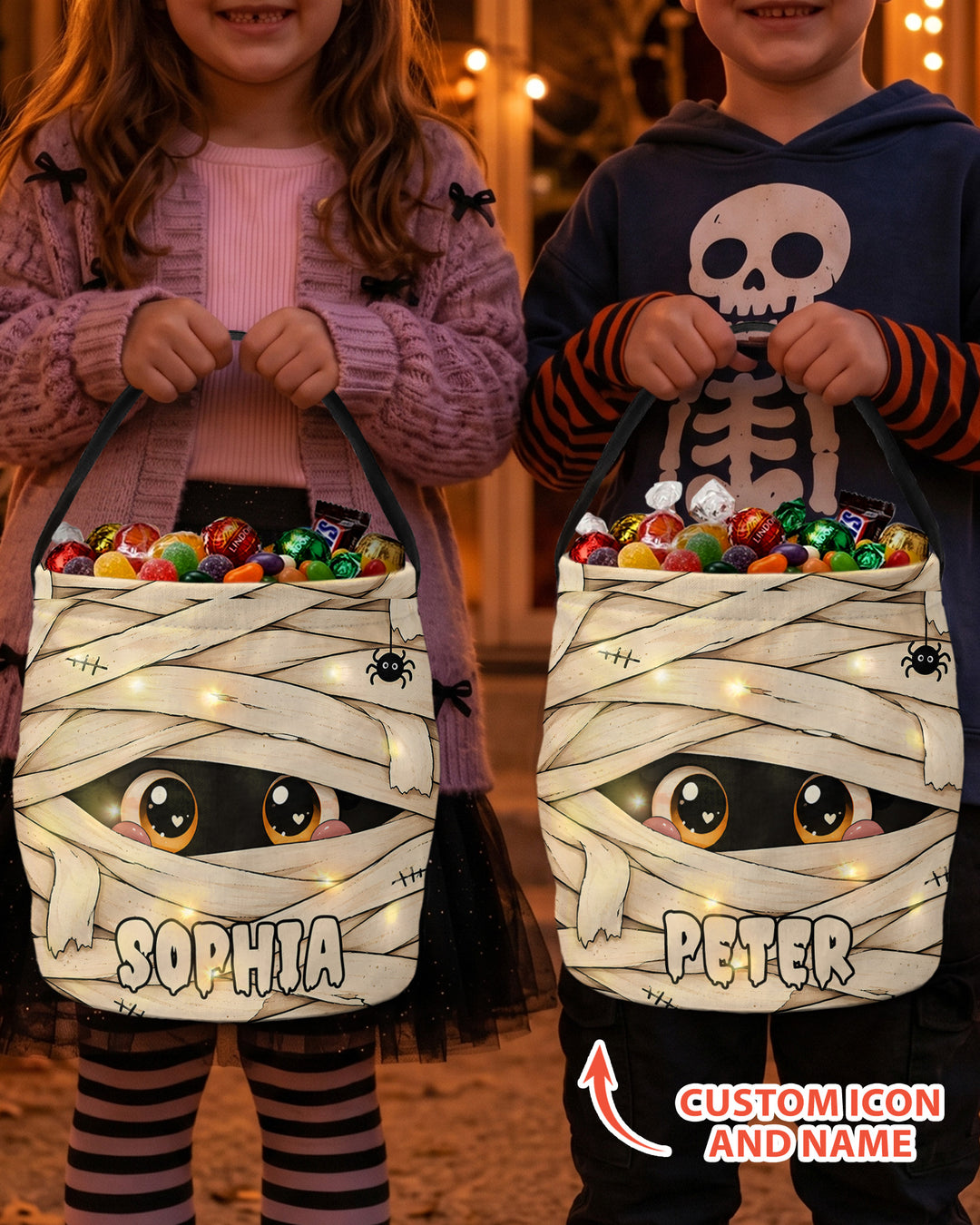 Halloween Spooky Eyes Mummy Custom Name Led Light Bucket Bag
