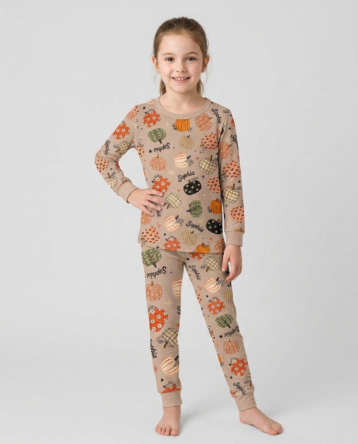 Custom Name Boho Pumpkin Bamboo Two Piece Long Sleeve Pajama Set