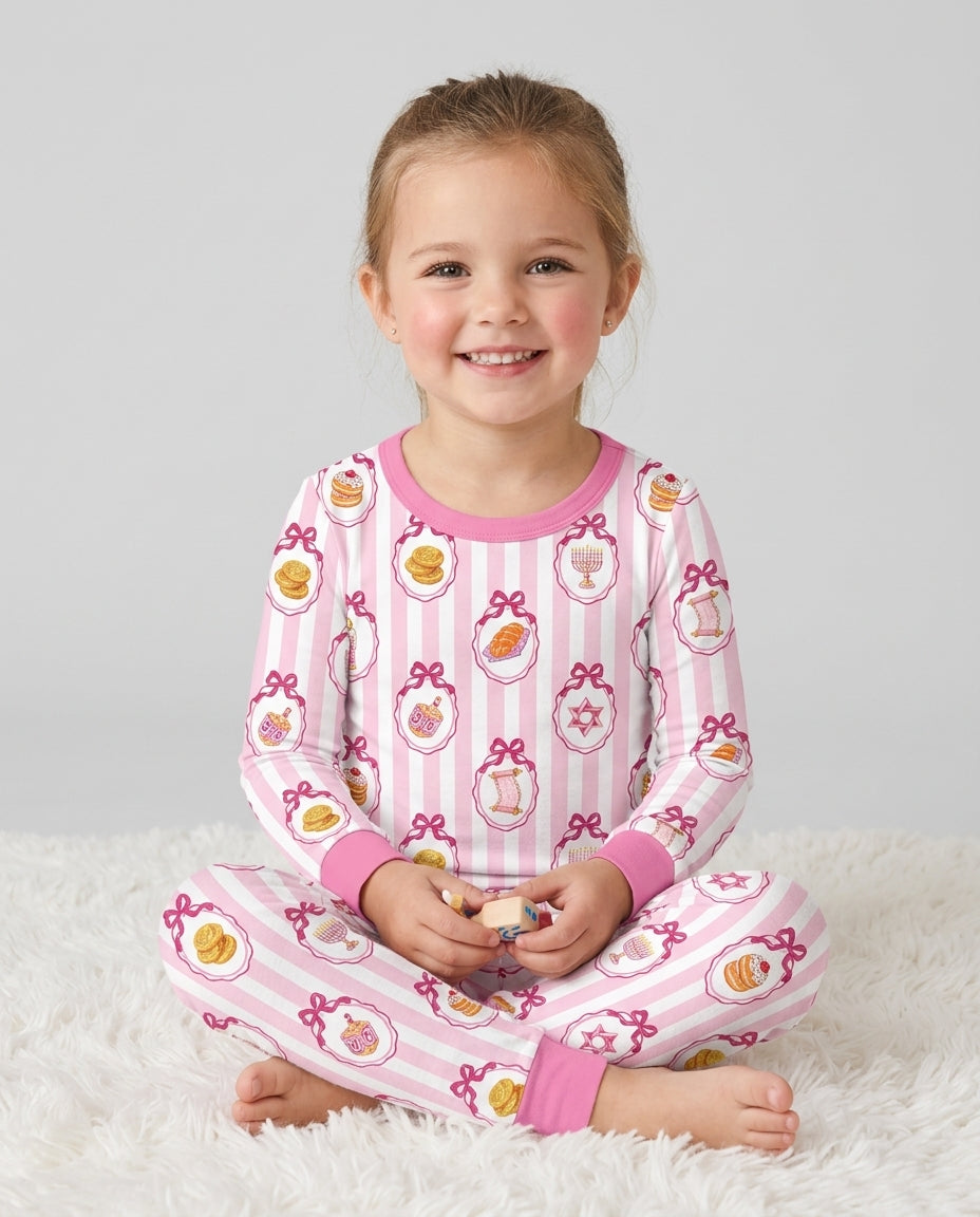 Blue White Jewish Holiday Bamboo Two Piece Long Sleeve Pajama Set