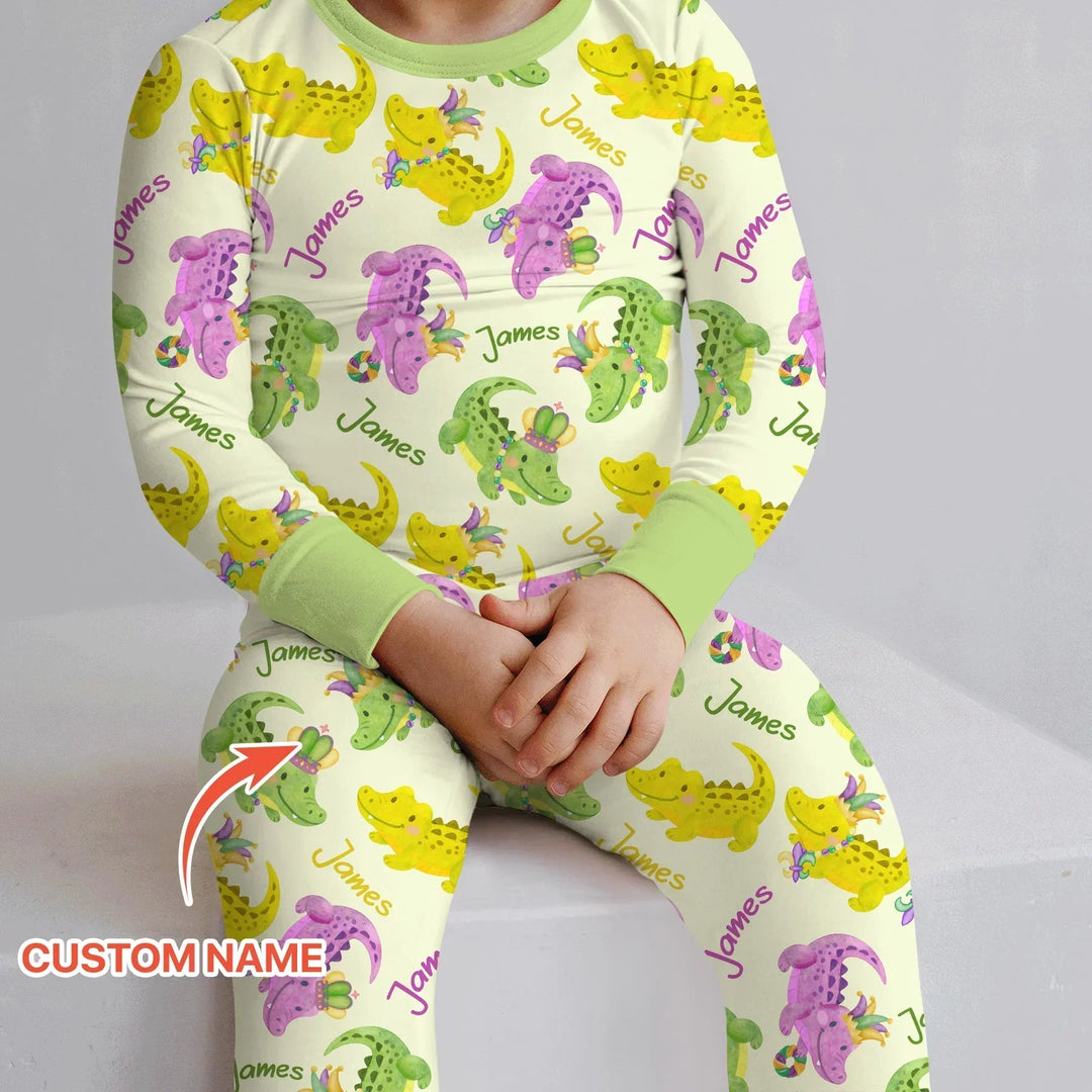 Custom Name Mardi Gras Alligator Bamboo Two Piece Long Sleeve Pajama Set