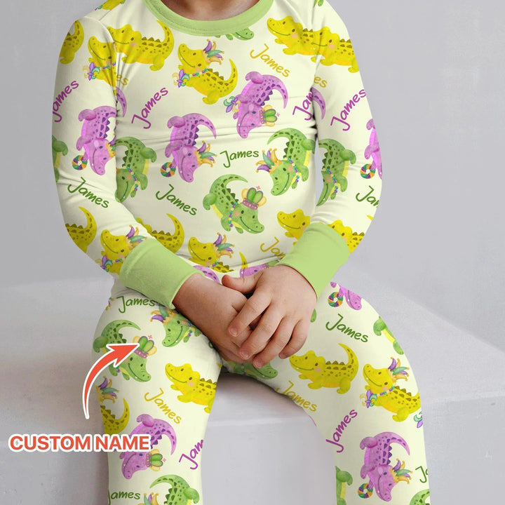 Custom Name Mardi Gras Alligator Bamboo Two Piece Long Sleeve Pajama Set