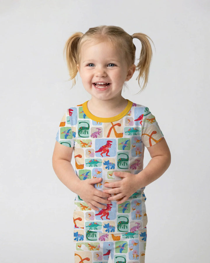 Rainbow Dino Friends Family Matching Bamboo Two Piece Short Sleeve Pajama Set