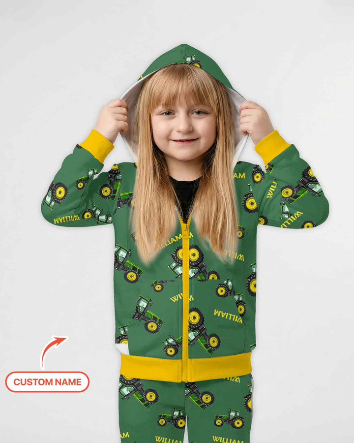 Custom Name Green Tractors Matching Daddy & Me Bamboo Zip Hoodie