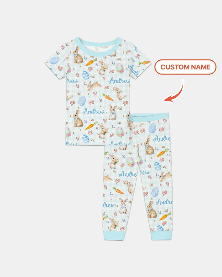 Custom Name Bunny Garden Bamboo Two Piece Short Sleeve Pajama Set