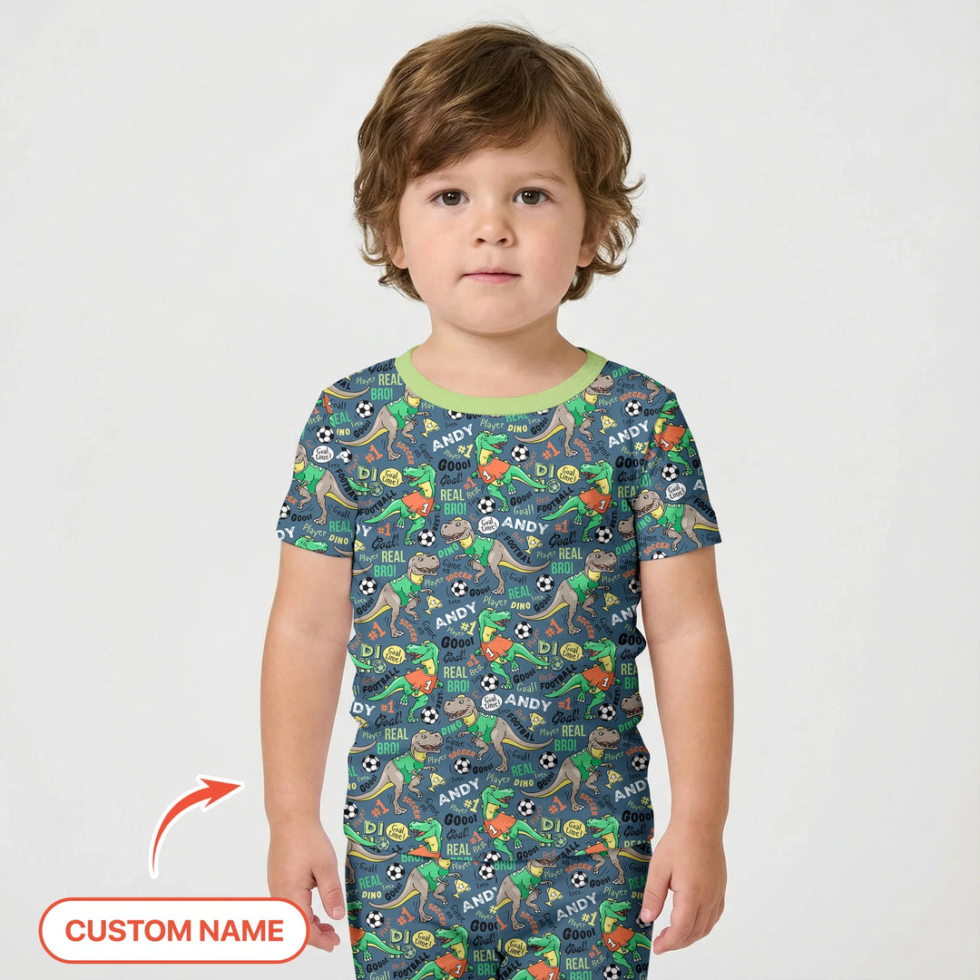 Custom Name Dino Soccer Bamboo Two Piece Short Sleeve Shorts Pajama Set