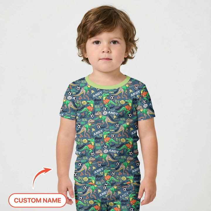 Custom Name Dino Soccer Bamboo Two Piece Short Sleeve Shorts Pajama Set