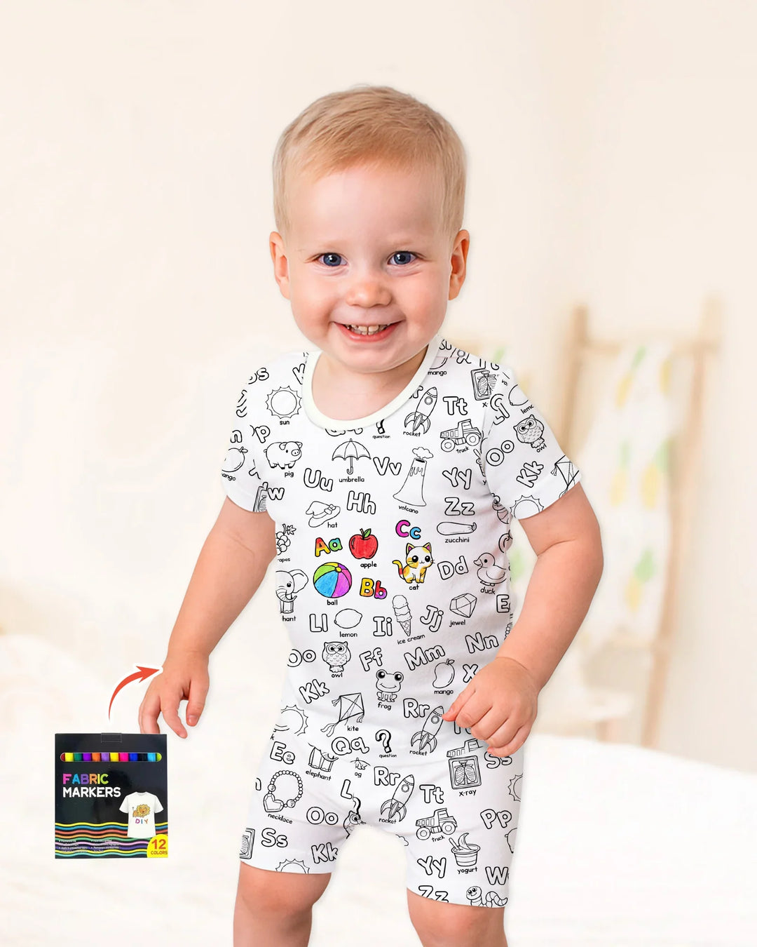 All Colorable Alphabet Bamboo Two Piece Short Sleeve Shorts Pajama Set