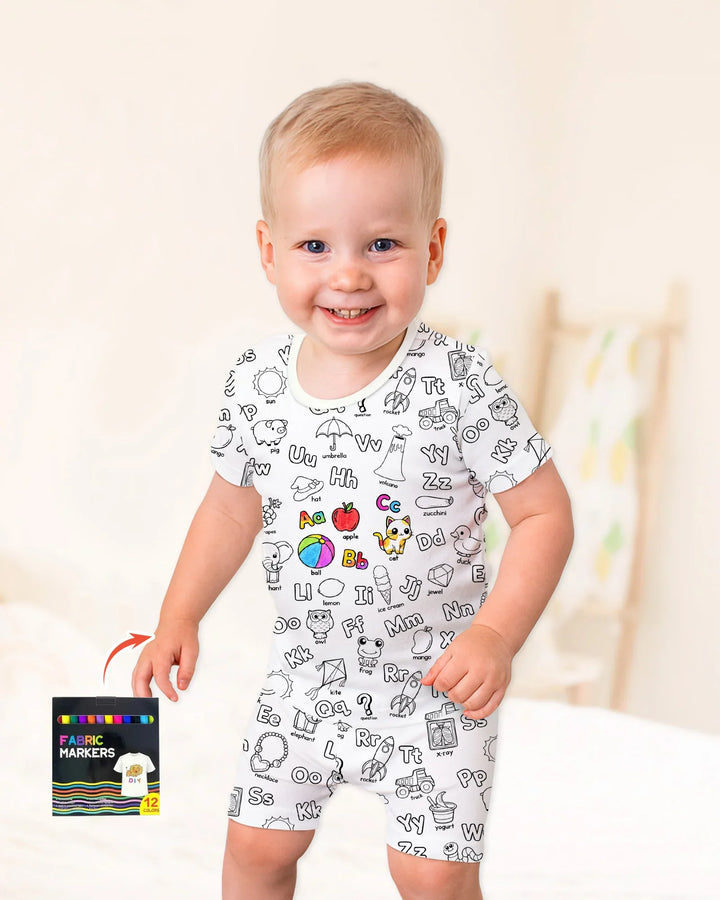 All Colorable Alphabet Bamboo Two Piece Short Sleeve Shorts Pajama Set