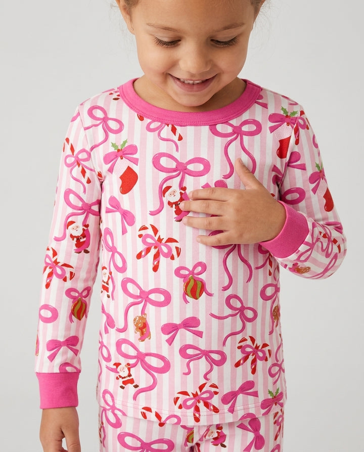 Pink Bow Christmas Magic Bamboo Two Piece Long Sleeve Pajama Set