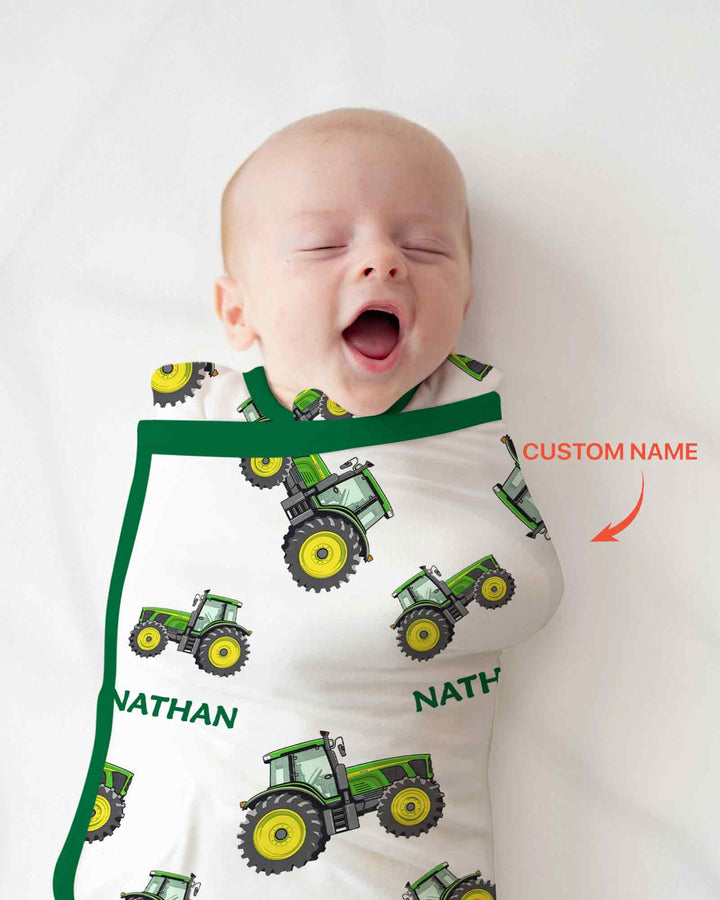 Custom Name Green Tractors Matching Daddy & Me Swaddle Blanket