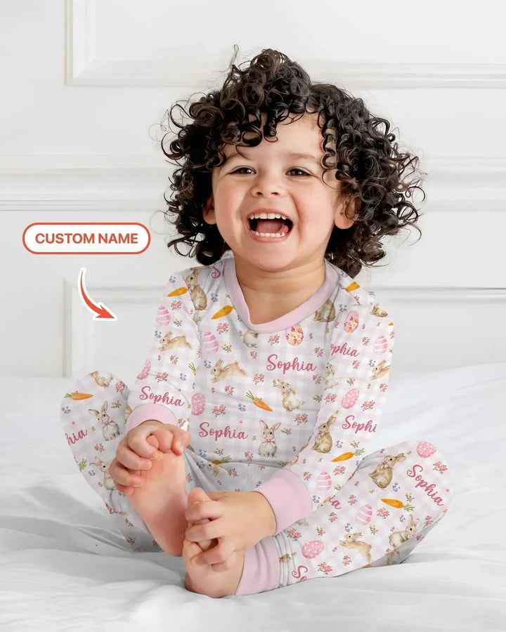 Custom Name Bunny Garden Bamboo Two Piece Long Sleeve Pajama Set