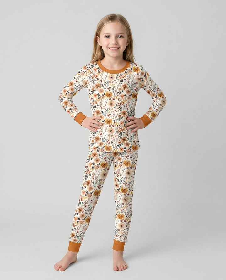 Custom Name Fall Flower Bamboo Two Piece Long Sleeve Pajama Set