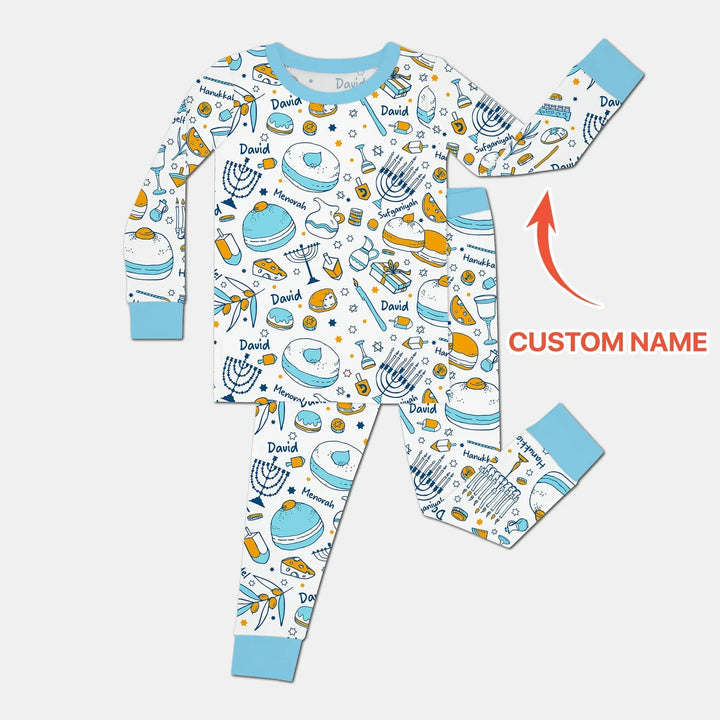 Happy Hanukkah Doodles Custom Name Family Matching Bamboo Two Piece Long Sleeve Pajama Set