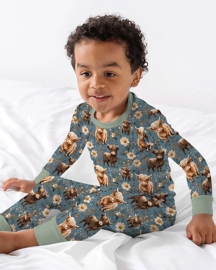 Majestic Highland Cows Family Matching Bamboo Two Piece Long Sleeve Pajama Set