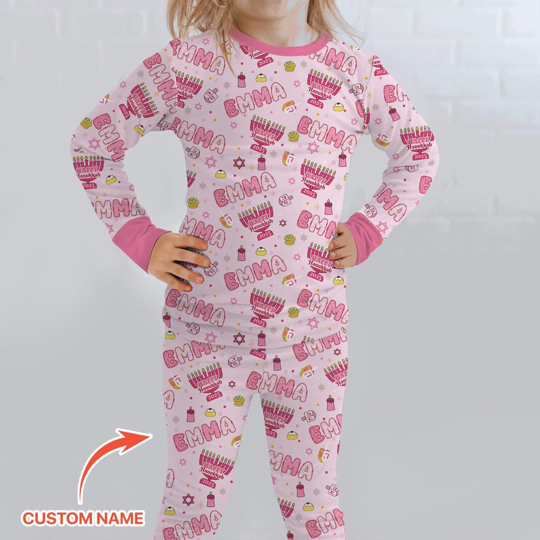 Custom name Happy Hanukkah 2025 Bamboo Two Piece Long Sleeve Pajama Set