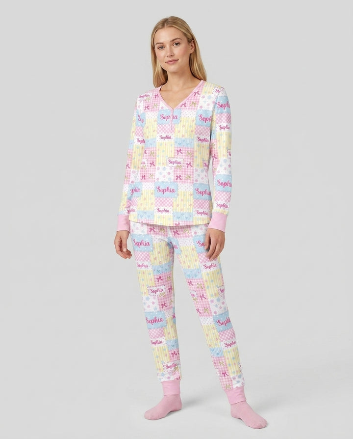 Custom Name Sweet Patchwork Bamboo Women Pajama Set