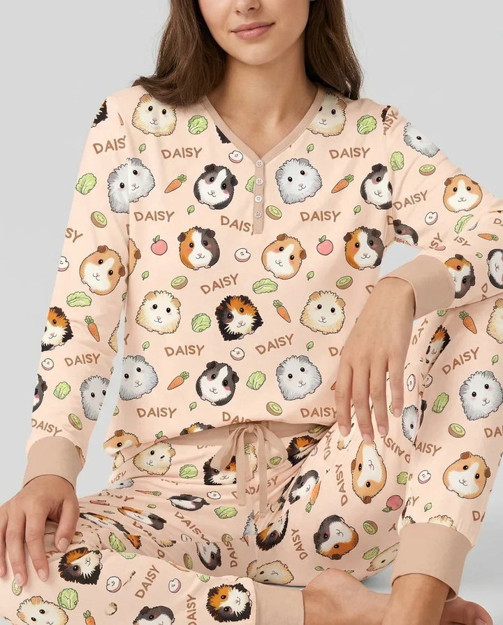 Custom Name Cute Guinea Pigs Bamboo Women Pajama Set