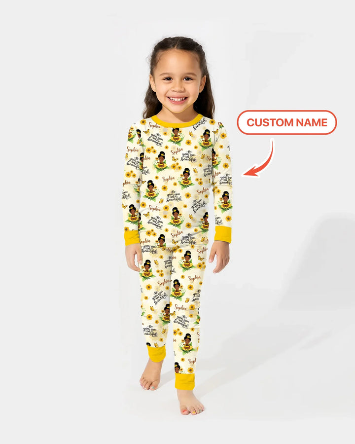 Custom Name Sunflower Queen Bamboo Two Piece Long Sleeve Pajama Set