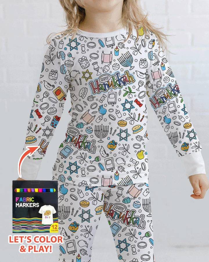 Happy Hanukkah Colorable Bamboo Two Piece Long Sleeve Pajama Set