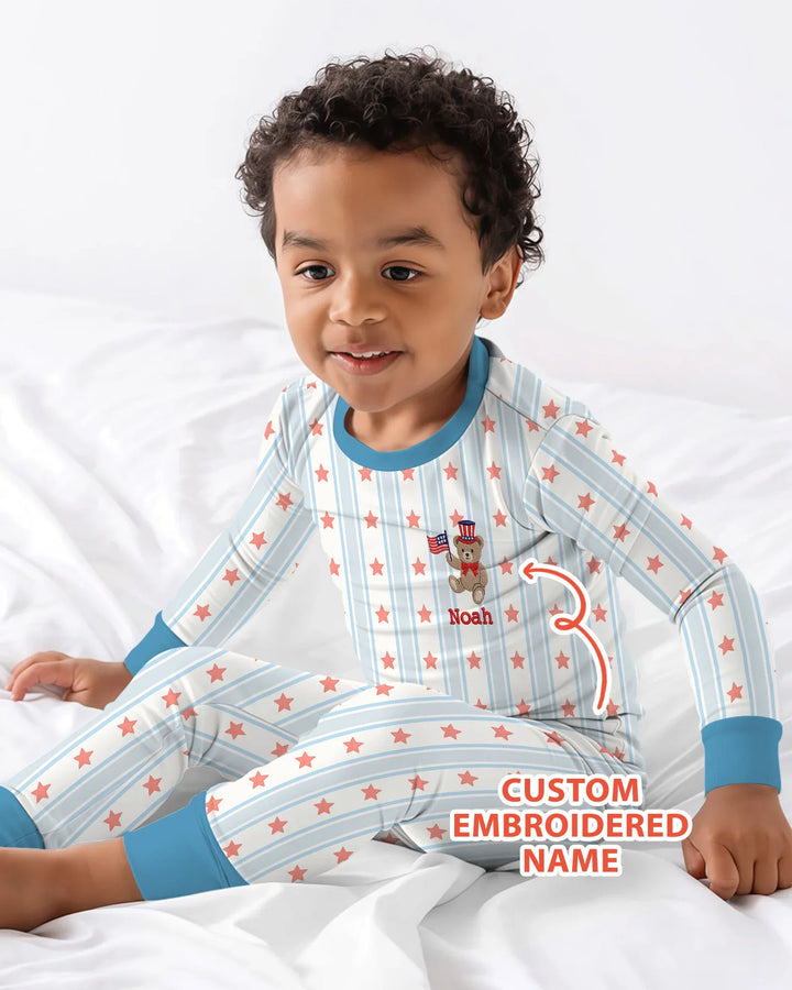 Custom Name Embroidered First 4th Of July Baby Bamboo Two Piece Long Sleeve Pajama Set