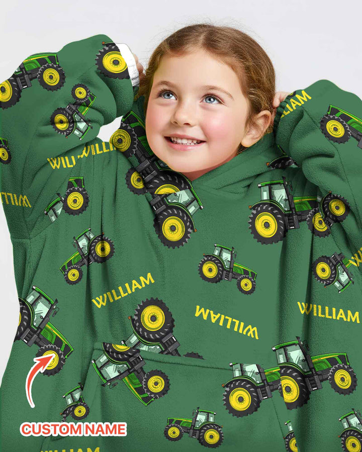Custom Name Green Tractors Matching Daddy & Me Bamboo Blanket Hoodie