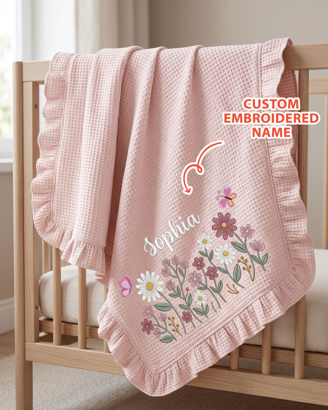 Custom Name With Flower Embroidered Waffle Ruffle Bamboo Blanket