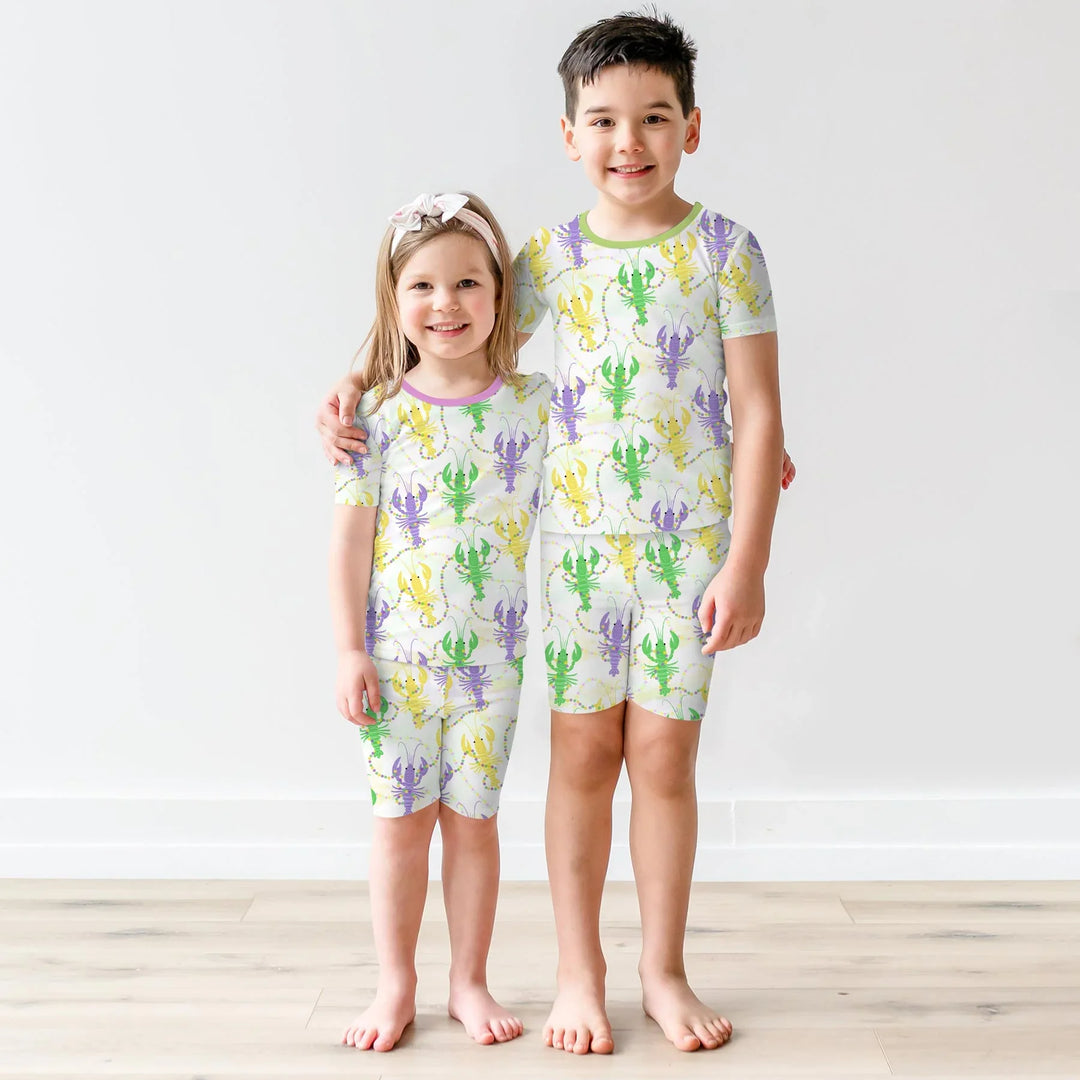 Mardi Gras Crawfish Family Matching Bamboo Two Piece Short Sleeve Shorts Pajama Set