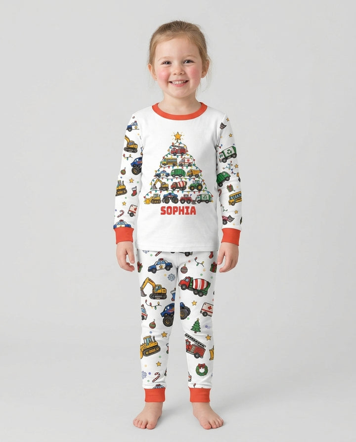 Custom Name Little Trucks Christmas Tree Bamboo Two Piece Long Sleeve Pajama Set