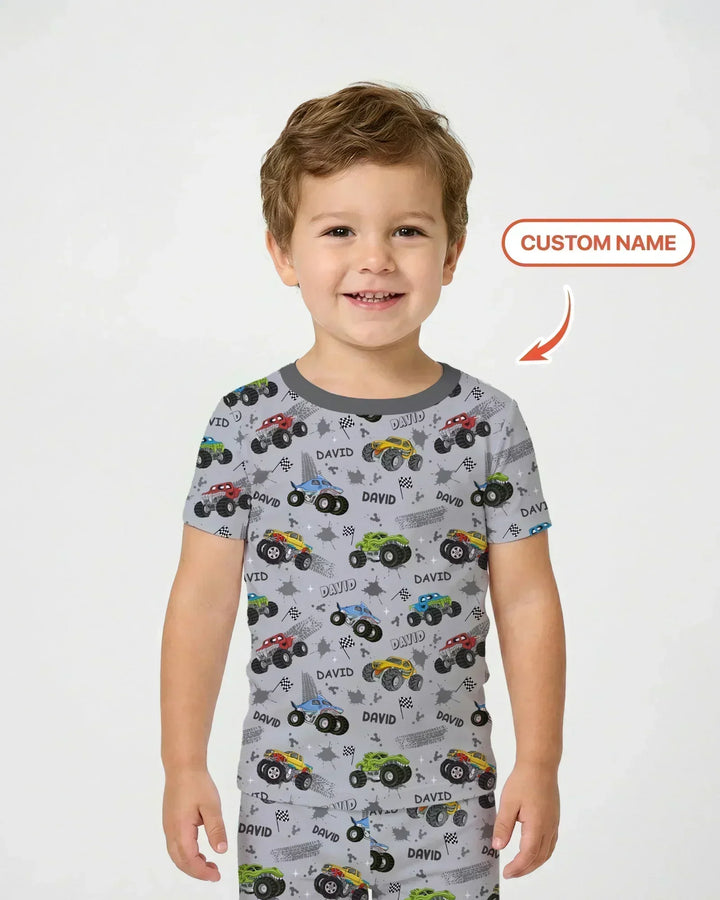 Monster Truck Dirt Jam Custom Name Daddy & Me Matching Bamboo Two Piece Short Sleeve Pajama Set