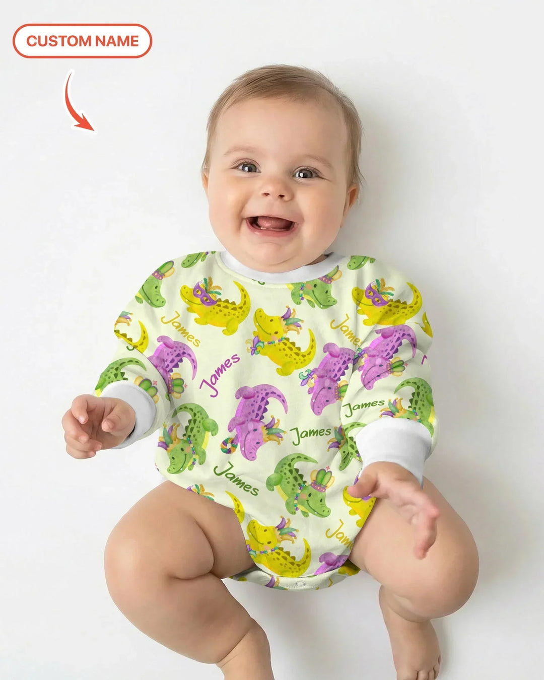 Custom Name Mardi Gras Alligator Bamboo Bubble Romper
